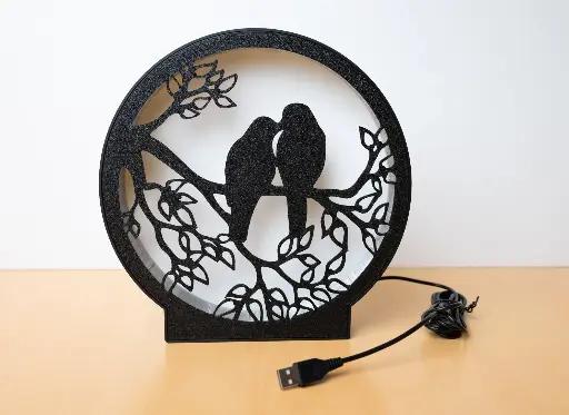 [3DP_LED_RELIEF_2_OISEAUX_BRANCHE_BISOUS] Lampe oiseau amoureux